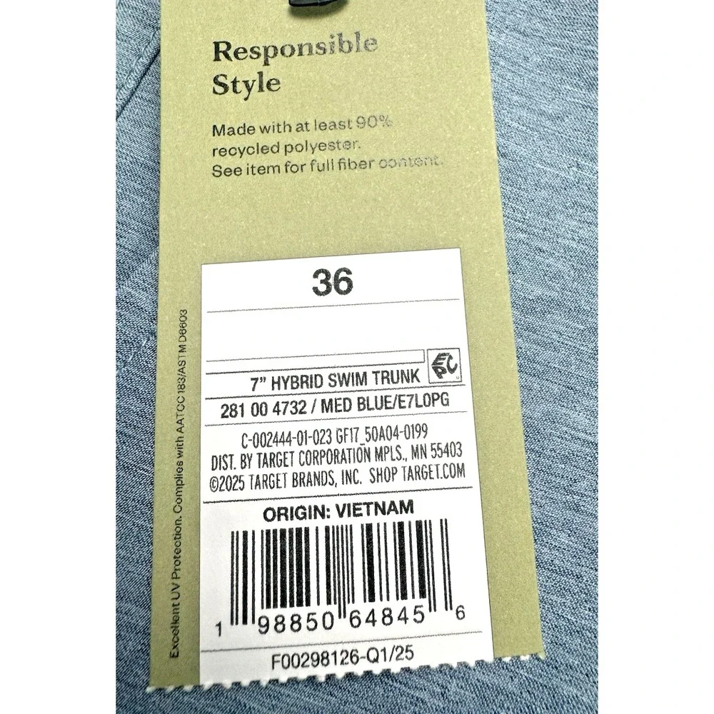 Goodfellow & Co Mens W36 Blue Hybrid Swim Shorts Trunks NWT 7 In Inseam UPF 50+